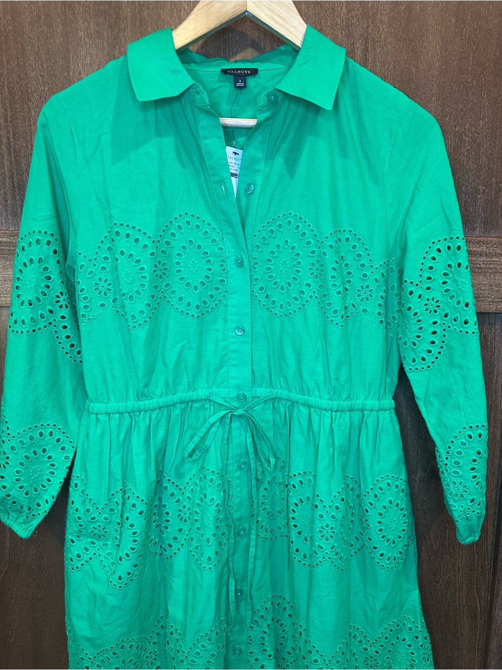 Talbots Green Eyelet Puff Sleeve Poplin Shirtdress - Picture 3 of 6